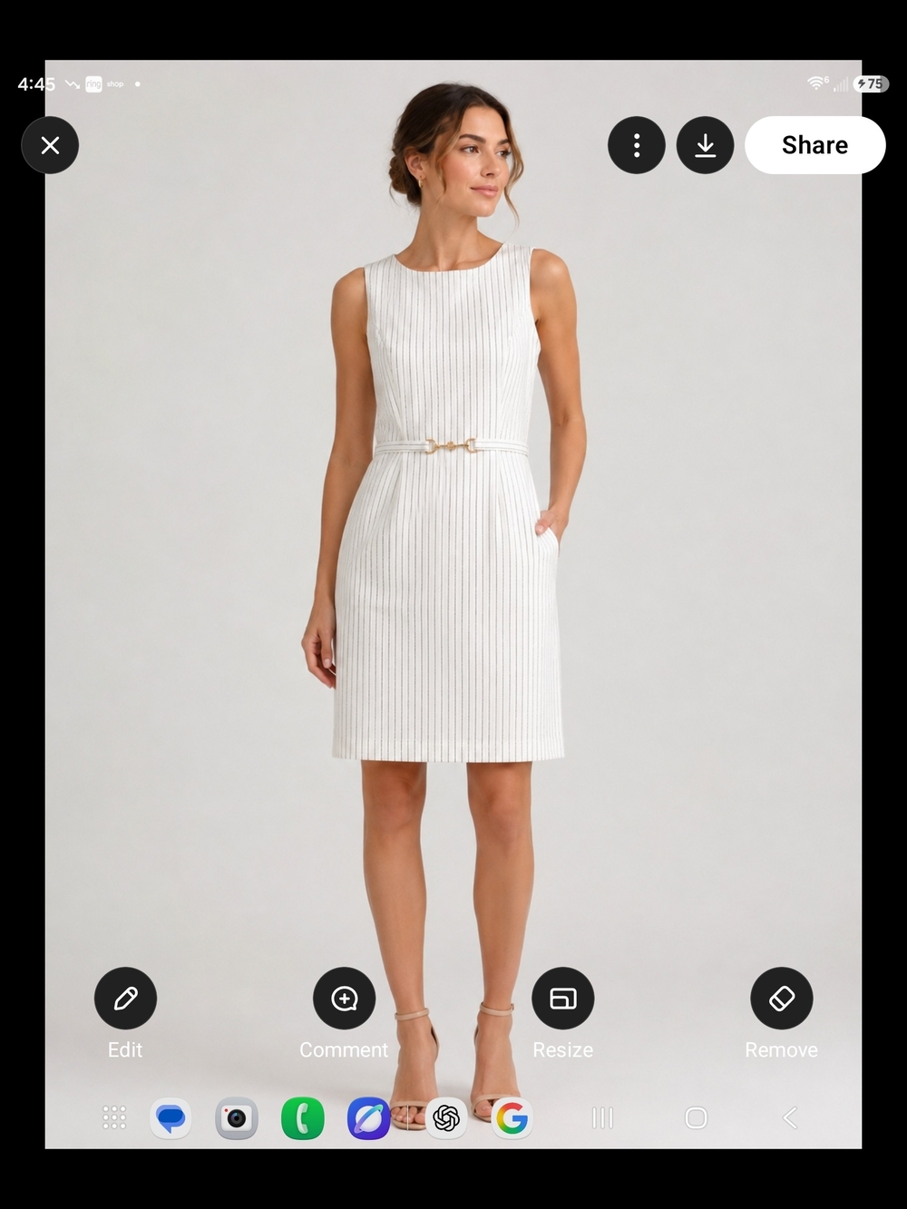 Sleeveless Cream Pinstripe Sheath Dress with Gold Buckle Belt